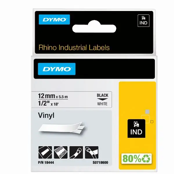 Nastro Rhino 18444 - 12 mm x 5,5 mt - vinile - permanente - nero/bianco - Dymo