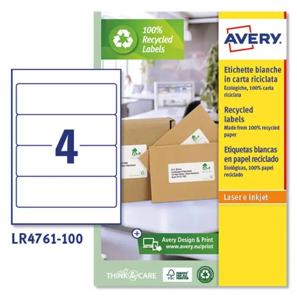 Etichette per raccoglitori - in carta riciclata - permanenti - 61 x 192 mm - 4 et/fg - 100 fogli - bianco - Avery