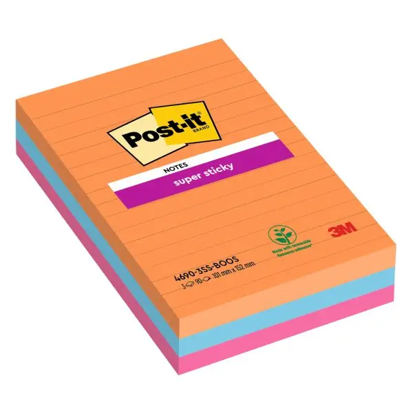 Blocco Post-it Super Sticky - 4690-3SS-BOOS - a righe - 101 x 152 mm - colori Boost - 90 fogli - Post-it - conf. 3 pezzi