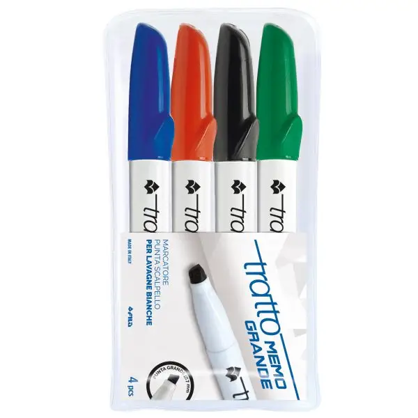 Pennarello a secco Tratto Memo per lavagne cancellabili - punta a scalpello - tratto 6,5mm - astuccio 4 colori - Tratto