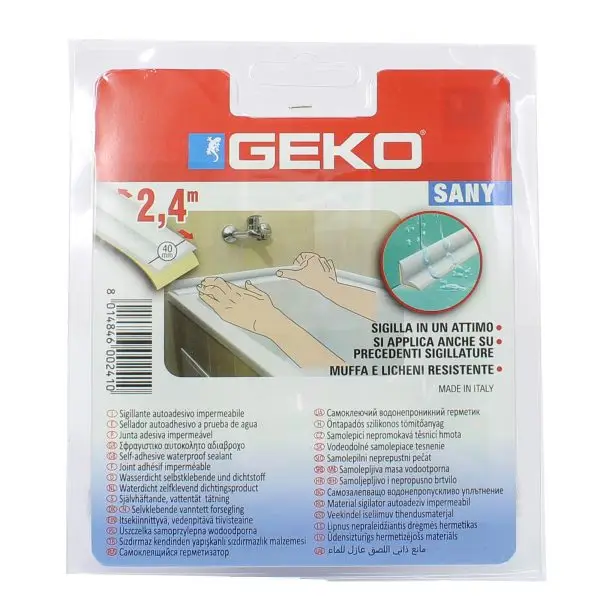 Sigillante adesivo SANY - per doccia e lavabi - 4 cm x 2,4 m - PE - bianco - Geko