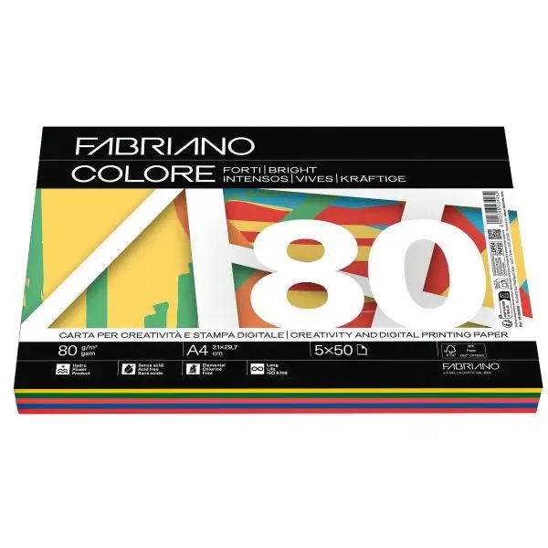 FabrianoColore - A4 - 80 gr - mix 5 colori forti - Fabriano - conf. 250 fogli