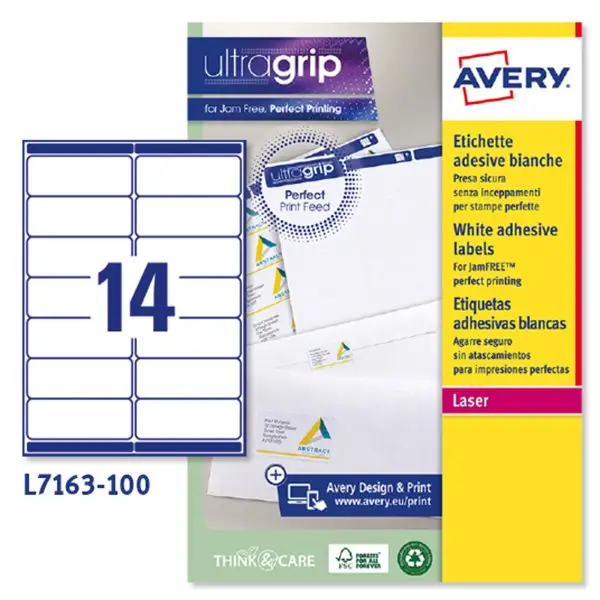 Etichette adesive L7163 - in carta - angoli arrotondati - laser - permanenti - 99,1 x 38,1 mm - 14 et/fg - 100 fogli - bianco - Avery