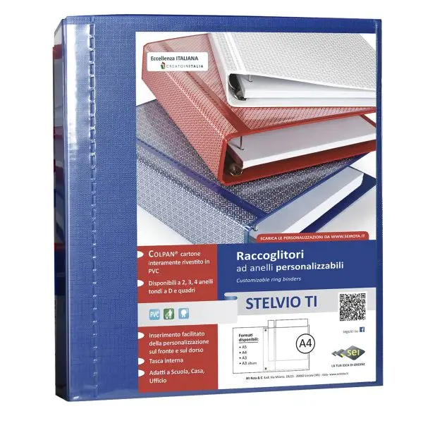 Raccoglitore personalizzabile Stelvio TI - 22 x 30 cm - 4 anelli a D 40 mm - dorso 5,5 cm - blu - Sei Rota