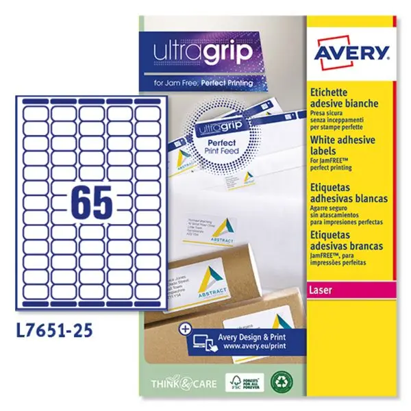 Etichette adesive L7651 - in carta - angoli arrotondati - laser - permanenti - 38,1 x 21,2 mm - 65 et/fg - 25 fogli - bianco - Avery