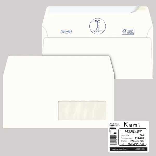 Busta a sacco Kami Strip - con finestra - 11 x 23 cm - 100 gr - carta riciclata FSC - bianco - Pigna Envelopes - conf. 500 pezzi