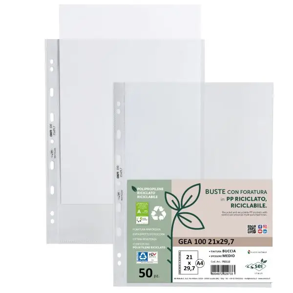 Buste forate Gea 100 - PP riciclato - buccia medium - 21 x 29,7 cm - Sei rota - conf. 50 pezzi