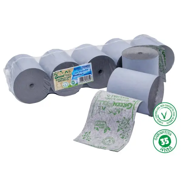Rotolo per registratori di cassa - stampa termica - 79 mm x 80 m - 48 gr - diametro esterno 78 mm - anima 12 mm - carta termica Green roll - Rotolificio Pugliese - blister 5 pezzi