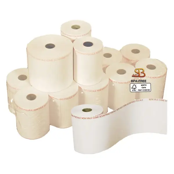 Rotolo per bilancia - 62,5 mm x 38 m - 112 gr - diametro esterno 82 mm - anima 25 mm - carta termica adesiva BPA free - Sabacart - blister 4 pezzi