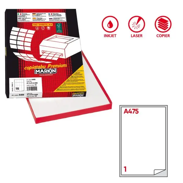Etichette adesive A/475 - in carta - permanenti - 199,6 x 289,1 mm - 1 et/fg - 100 fogli - bianco - angoli tondi - Markin