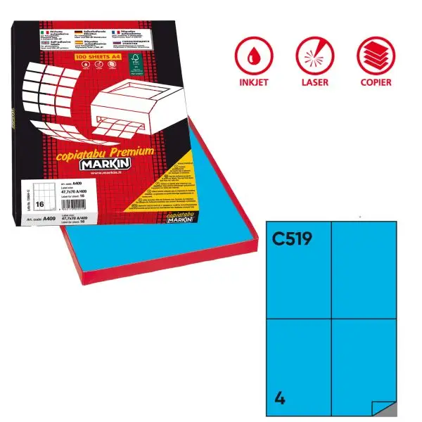 Etichette adesive C/519 - in carta - permanenti - 105 x 148,5 mm - 4 et/fg - 100 fogli - blu - Markin