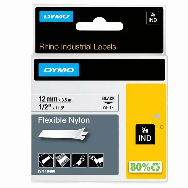 Nastro Rhino 18488 - 12 mm x 3,5 mt - nylon flessibile - nero/bianco - Dymo