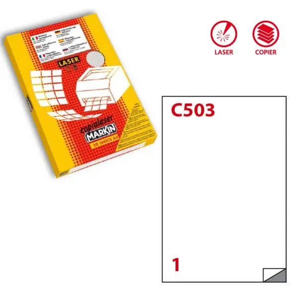 Etichette adesive C/503 - in poliestere - permanenti - 210 x 297 mm - 1 et/fg - 50 fogli - trasparente lucido - x laser - Markin