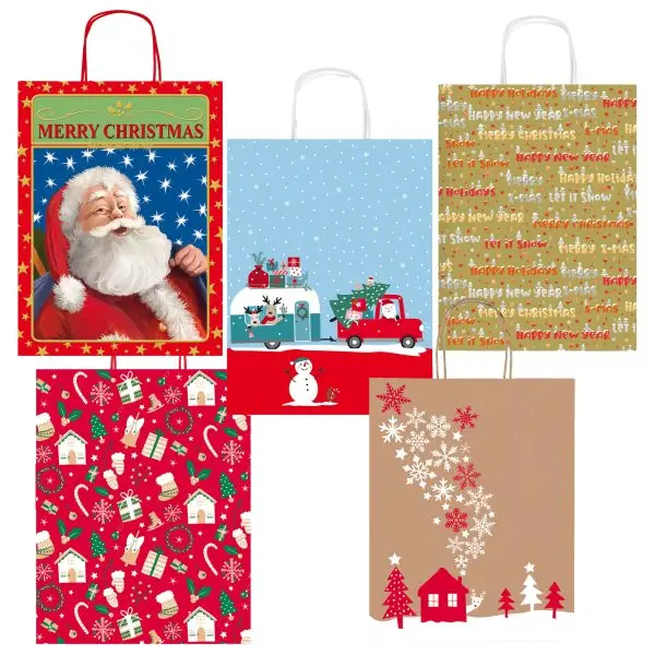 Shopper in carta kraft - con manici - 26 x 34,5 x 12 cm - fantasia natale - Rex Sadoch