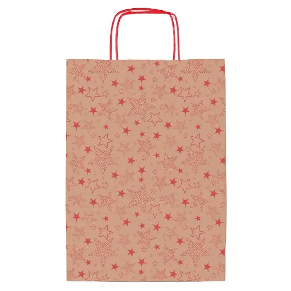 Shopper natale - 16 x 8 x 21 cm - carta kraft - fantasia stelline - rosso - Rex Sadoch