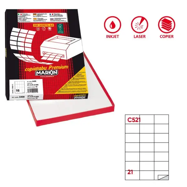 Etichette adesive C/521 - in carta - permanenti - 70 x 42,43 mm - 21 et/fg - 100 fogli - bianco - Markin