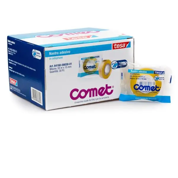 Nastro adesivo - confezionato singolarmente - 15 mm x 33 m - cellophane - trasparente - Comet