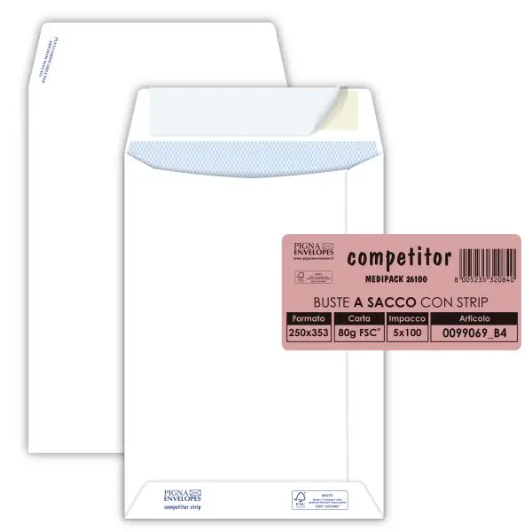 Busta a sacco Competitor FSC - strip adesivo - 25 x 35,3 cm - 80 gr - bianco - Pigna Envelopes - conf. 100 pezzi