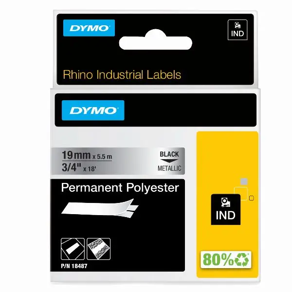 Nastro Rhino 18487 - 19 mm x 5,5 mt - poliestere - permanente - nero/metallo - Dymo