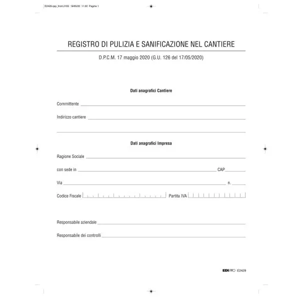 Registro di pulizia e sanificazione nel cantiere - Edipro