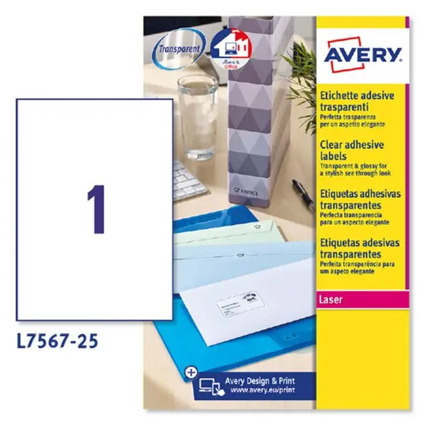 Etichette adesive L7567 - in poliestere - laser - permanenti - 210 x 297 mm - 1 et/fg - 25 fogli - trasparente - Avery