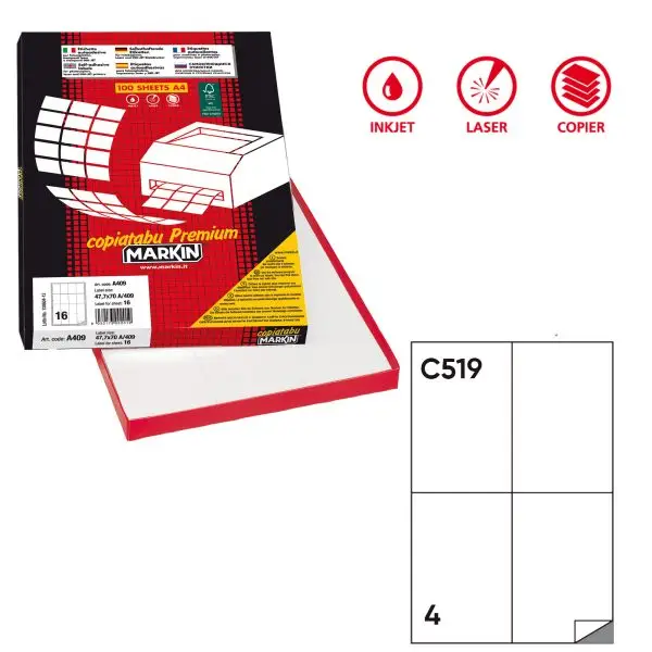 Etichette adesive C/519 - in carta -extra permanenti - 105 x 148,5 mm - 4 et/fg - 100 fogli - bianco - Markin