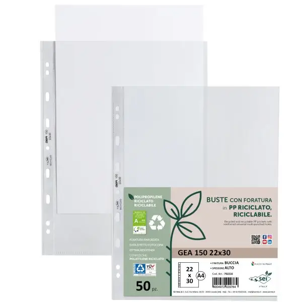 Buste forate Gea 150 - PP riciclato - buccia pesante - 22 x 30 cm - Sei rota - conf. 50 pezzi