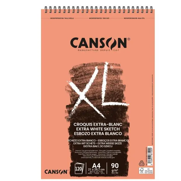 Album spiralato lato corto XL - A4 - 90 gr - 120 fogli - extra white - Canson
