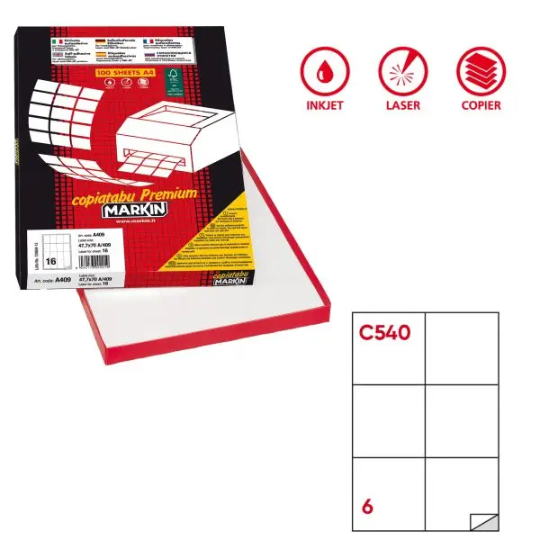 Etichette adesive C/540 - in carta - permanenti - 105 x 99 mm - 6 et/fg - 100 fogli - bianco - Markin