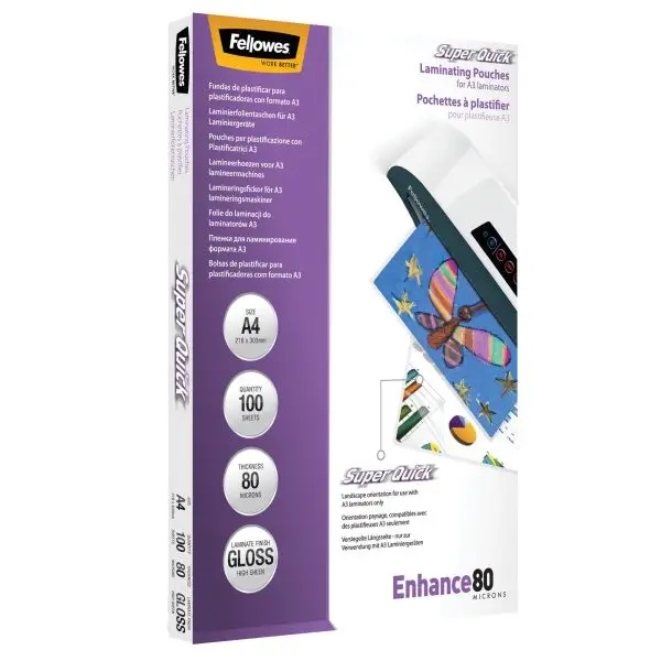 Pouches Enhance80 - Superquick - A4 - 2x80 micron - Fellowes - scatola 100 pezzi