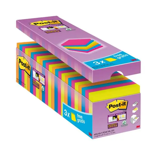 Blocco foglietti Post-it Super Sticky - 654-SS-VP24COL - 76 x 76 mm - colori assortiti - 90 fogli - Post-it - conf. 24 blocchi