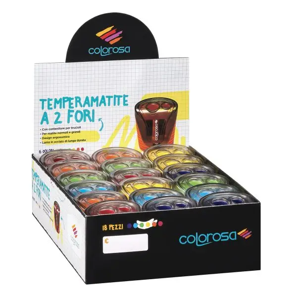 Temperamatite - a 2 fori - colori assortiti - Colorosa - expo 18 pezzi