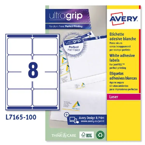 Etichette adesive L7165 - in carta - angoli arrotondati - laser - permanenti - 99,1 x 67,7 mm - 8 et/fg - 100 fogli - bianco - Avery