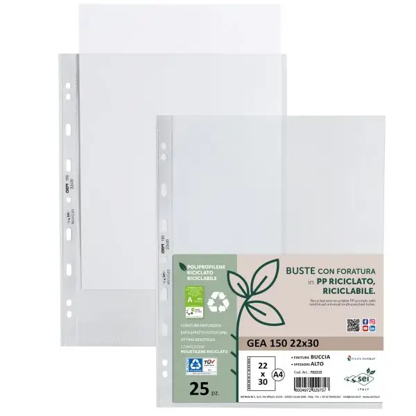 Buste forate Gea 150 - PP riciclato - buccia pesante - 22 x 30 cm - Sei rota - conf. 25 pezzi