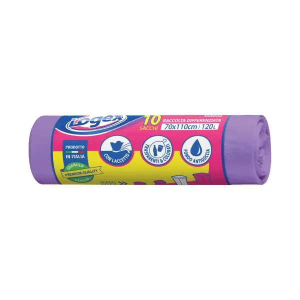 Sacchi per immondizia - 70x110 cm - 120 L - 16 micron - viola - Logex Professional - rotolo da 10 sacchetti