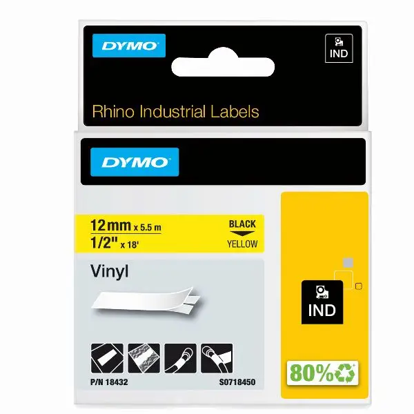 Nastro Rhino 18432 - 12 mm x 5,5 mt - vinile - permanente - nero/giallo - Dymo