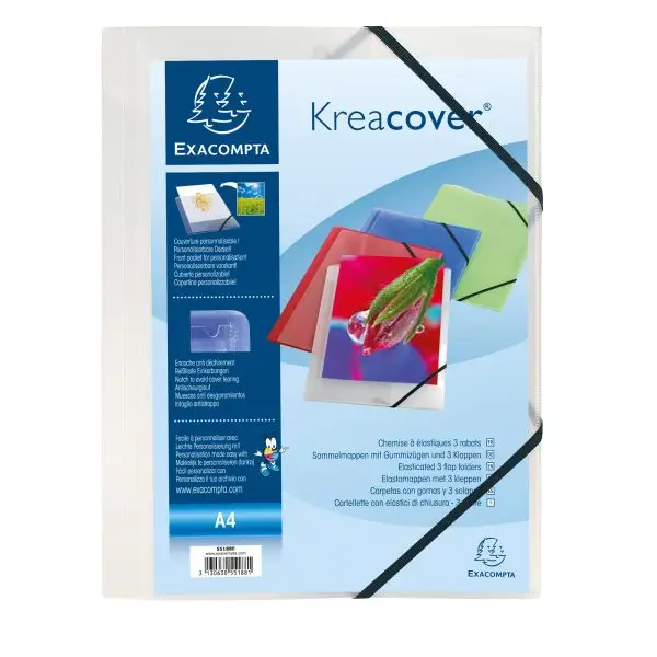 Cartella 3 lembi con elastico angolare Kreacover - A4 - dorso 1,5 cm - PP - bianco trasparente - Exacompta