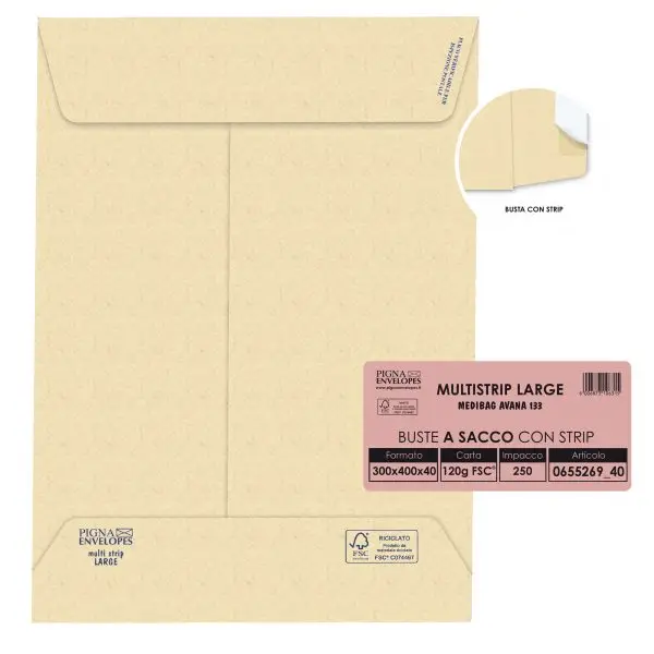 Busta a sacco Multi Strip Large - soffietti laterali - strip adesivo - 30 x 40 x 4 cm - 120 gr - carta riciclata FSC - avana - Pigna Envelopes - conf. 250 pezzi