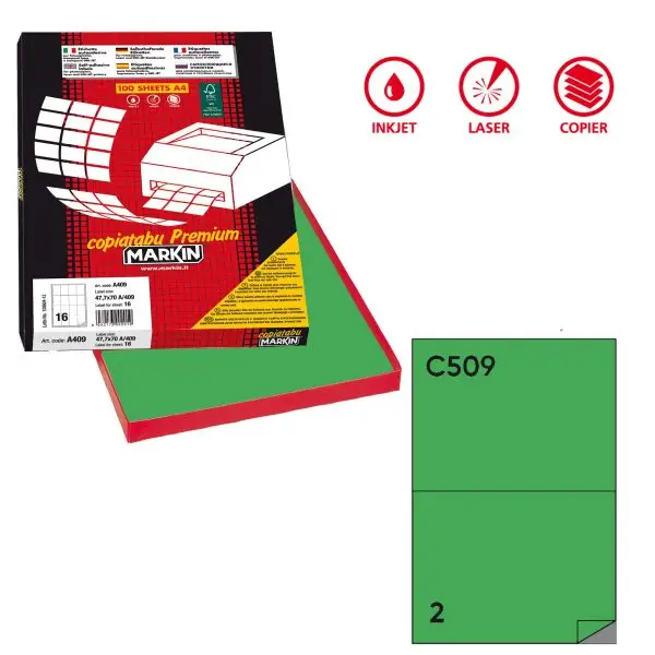 Etichette adesive C/509 - in carta - permanenti - 210 x 148,5 mm - 2 et/fg - 100 fogli - verde - Markin