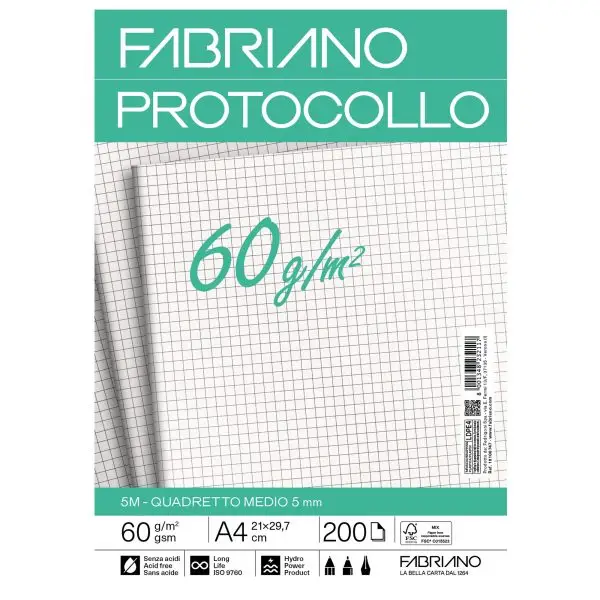 Foglio protocollo - A4 - 5 mm - 60 gr - Fabriano - conf. 200 fogli