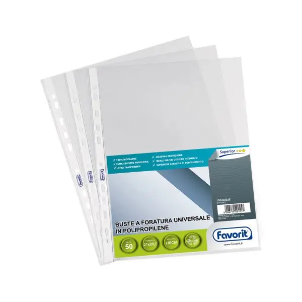 Buste forate Special PP - Superior - liscio - 21 x 29,7 cm - trasparente - Favorit - conf. 50 pezzi