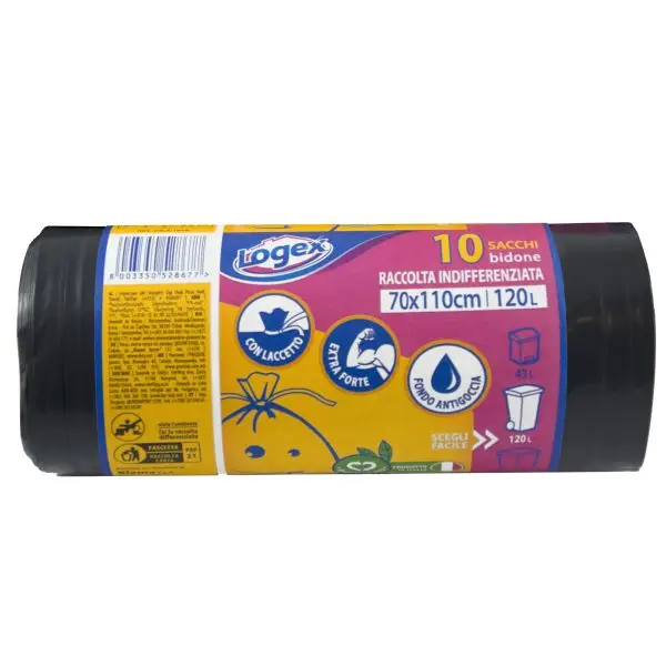 Sacchi per immondizia - 70x110 cm - 120 L - 43 micron - nero - Logex Professional - rotolo da 10 sacchetti