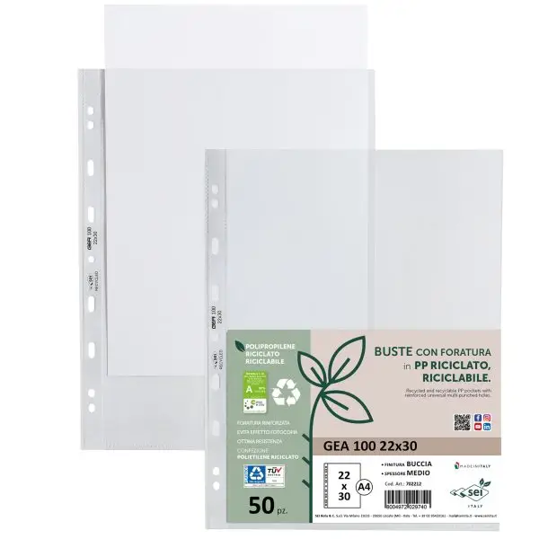 Buste forate Gea 100 - PP riciclato - buccia medium - 22 x 30 cm - Sei rota - conf. 50 pezzi