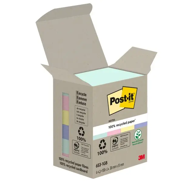 Blocco Post-it in carta riciclata - 653-1GB - 38 x 51 mm - natural - 100 fogli - Post-it - conf. 6 pezzi
