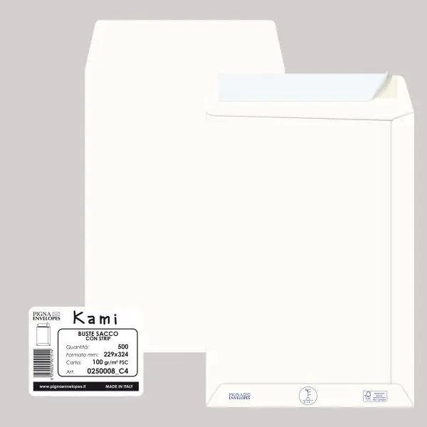 Busta a sacco Kami Strip - 22,9 x 32,4 cm cm - 100 gr - carta riciclata FSC - bianco - Pigna Envelopes - conf. 500 pezzi