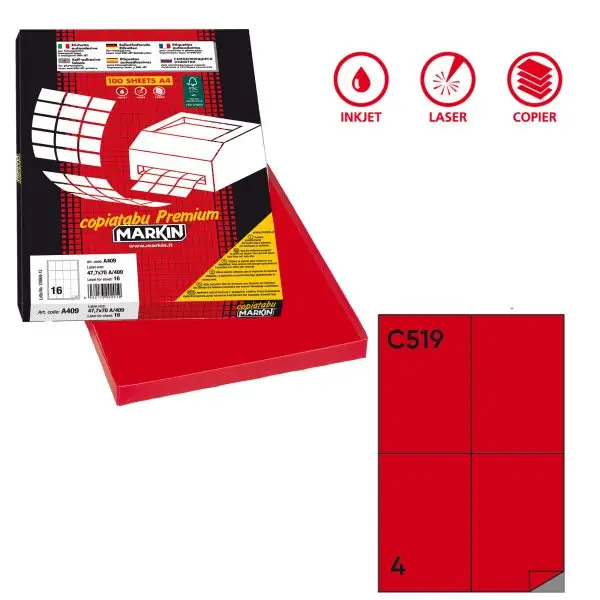 Etichette adesive C/519 - in carta - permanenti - 105 x 148,5 mm - 4 et/fg - 100 fogli - rosso - Markin