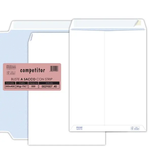 Busta a sacco Competitor FSC - strip adesivo - 30 x 40 cm - 80 gr - bianco - Pigna Envelopes - conf. 500 pezzi