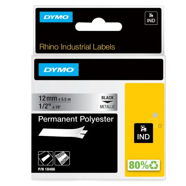 Nastro Rhino 18486 - 12 mm x 5,5 mt - poliestere - permanente - nero/metallo - Dymo