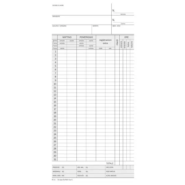 Scheda orologio presenze (controllo mensile) - cartoncino da 275 gr - 22,5 x 10,4 cm - DU158000000 - Data Ufficio - conf. 100 pezzi