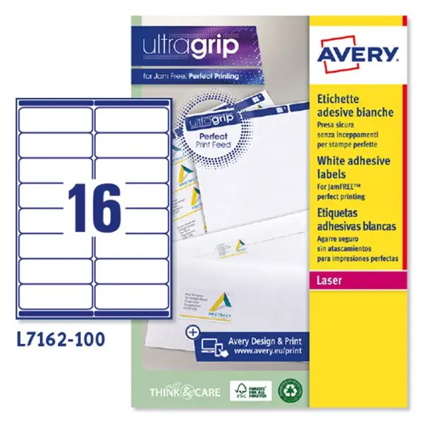 Etichette adesive L7162 - in carta - angoli arrotondati - laser - permanenti - 99,1 x 33,9 mm - 16 et/fg - 100 fogli - bianco - Avery